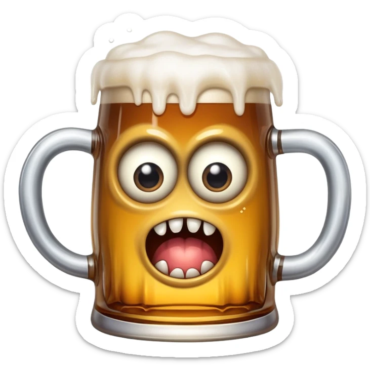 A wobbly beer tankard with eyes and teeth like a mimic monster, overflowing with beer sticker