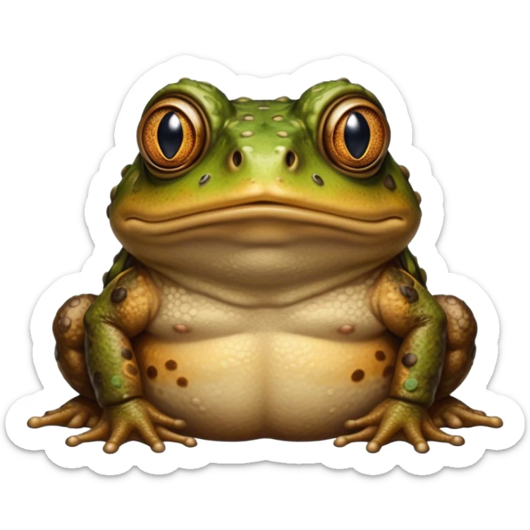 Cinematic Noble Toad Portrait Emoji, Poised and earthy, with a stout, robust build covered in textured, warty skin in warm, natural tones and deep, observant eyes, Simplified yet sharp and sophisticated features, highly detailed, glowing with a soft, natural mossy glow, high shine, intelligent and grounded, stylized with an air of rustic authority, focused and steady, soft glowing outline, capturing the essence of a watchful amphibian guardian that appears ready to leap out of the screen with effortless command! sticker