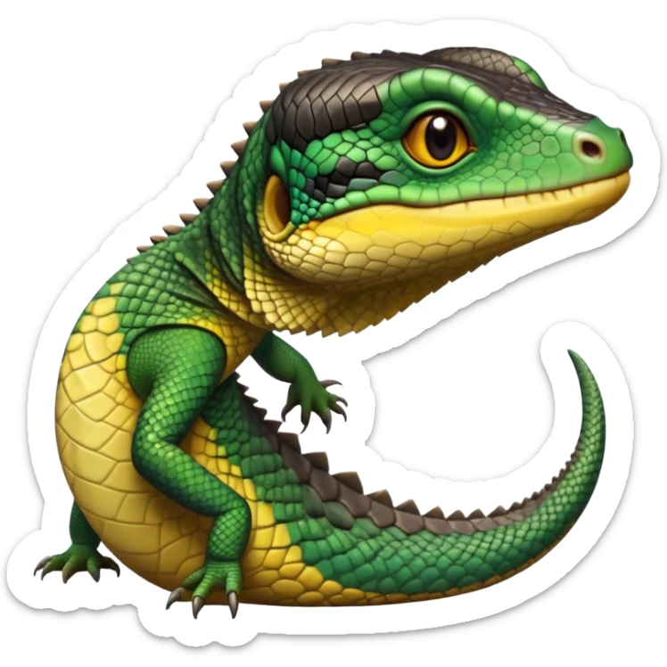 cinematic-realistic-cute-monitor-lizard-portrait-emoji,-head-tilted-playfully-and-inquisitively,-featuring-a-compact,-agile-body-with-finely-detailed,-glossy-scales-in-earthy-black and yellow-hues-and-a-distinct,-alert-face-with-bright,-curious-eyes, black , yellow spotted and green band  scales and a slender neck sticker
