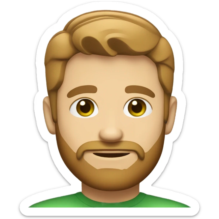 Create a cartoon-like emoji of a man with short, light brown hair, trimmed beard, light skin, and green eyes. Use bold lines and a solid background, keeping the style simple and clean, without exaggerated features. sticker