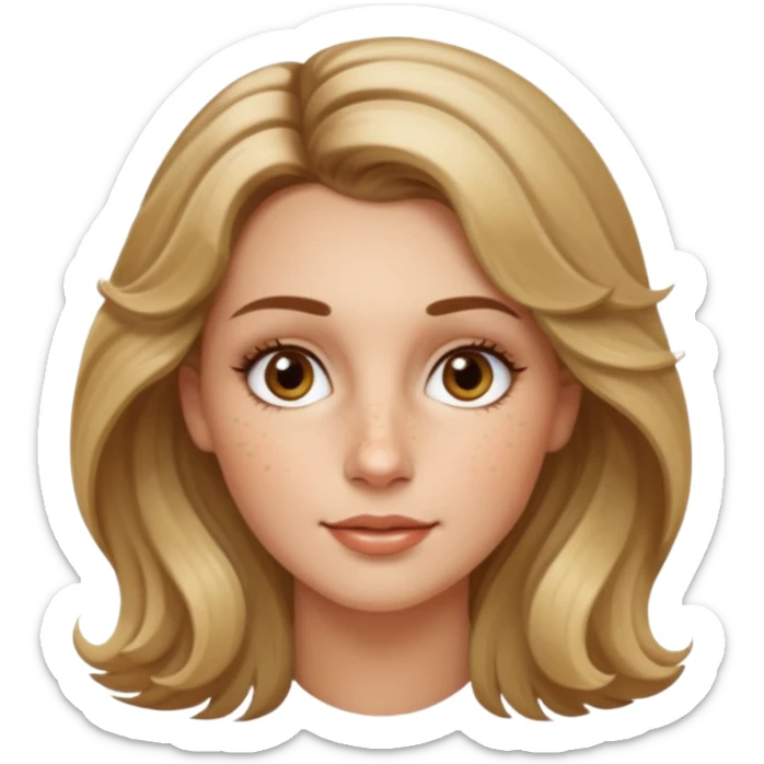 creative women with long dark Blond with highlights semi curly hair white women, oval shape face hazel eyes long lashes freckles on the nose high cheek bones sticker
