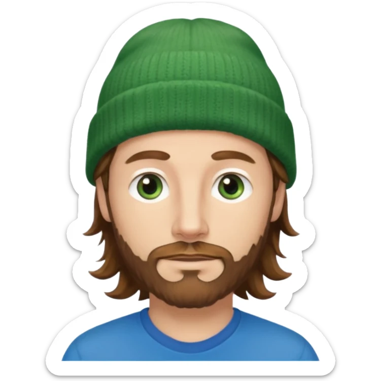 white man
aged 40
Blue eyes, 
mid length brown wavy hair
Green beanie hat
Stubble sticker