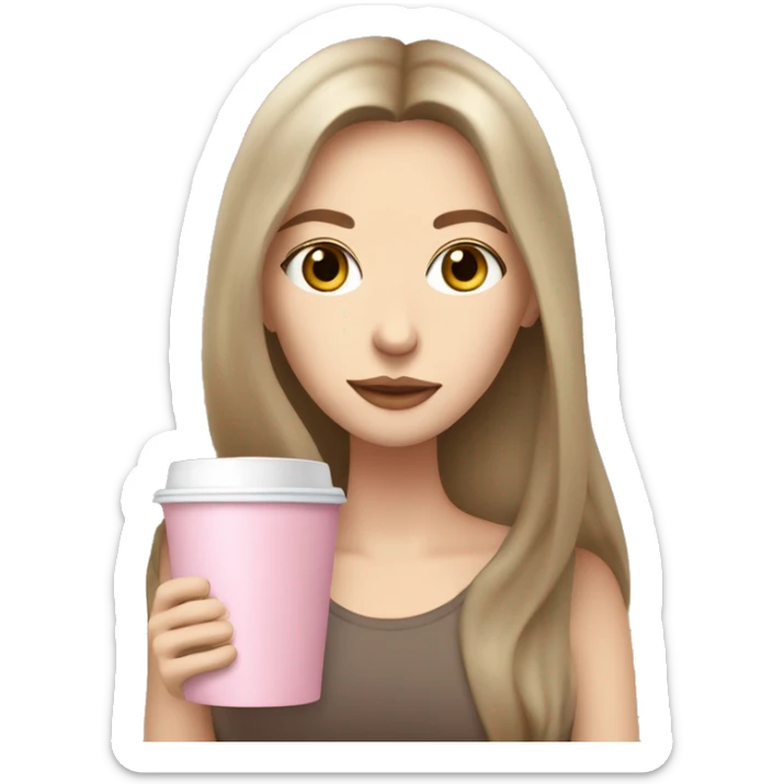 woman with pale skin and middle brown long thin hair sipping cofee from a light pink takeaway cup eyes closedf sticker