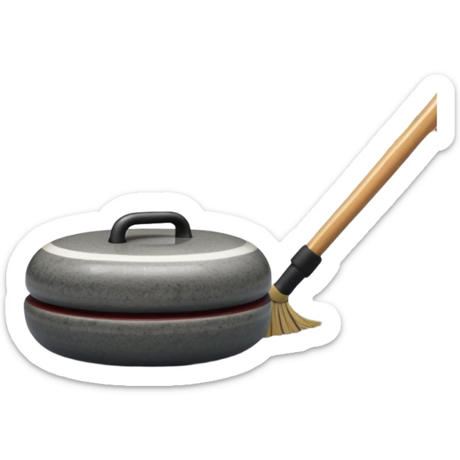 An icon showing a detailed close-up of a curling stone sliding across the ice, with a broom in motion beside it. The background features an indoor stadium with cheering spectators on the stands. Transparent background captures the strategy and focus of curling. sticker