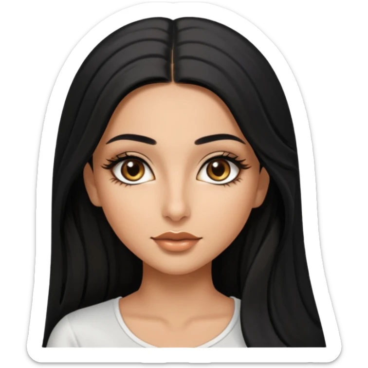 A arabic girl, who has long black styled silk hair, a bit of tan skin but not too tan. almond brown eyes that has black long lashes, small nose and full lips. and a bit of makeup like bronzer. and wearing a white tight top sticker