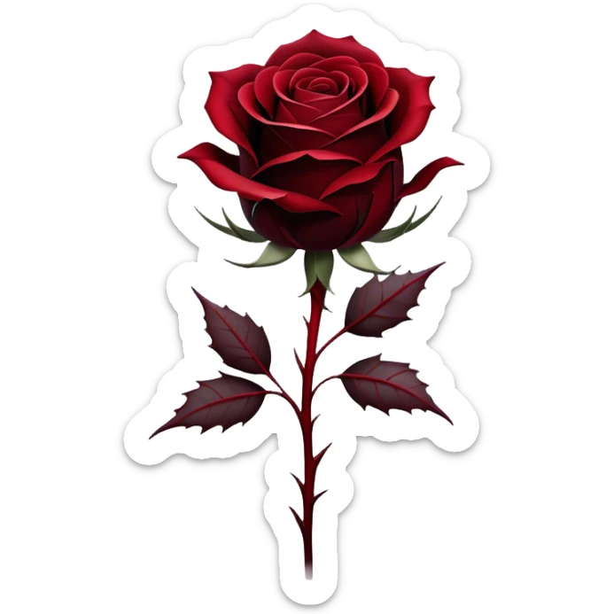 A single Gothic rose, its deep red petals unfolding in shades of scarlet and burgundy, stands alone against a dark, misty backdrop. A flowing black silk ribbon wraps around its thorny stem, adding an air of mystery and elegance. sticker