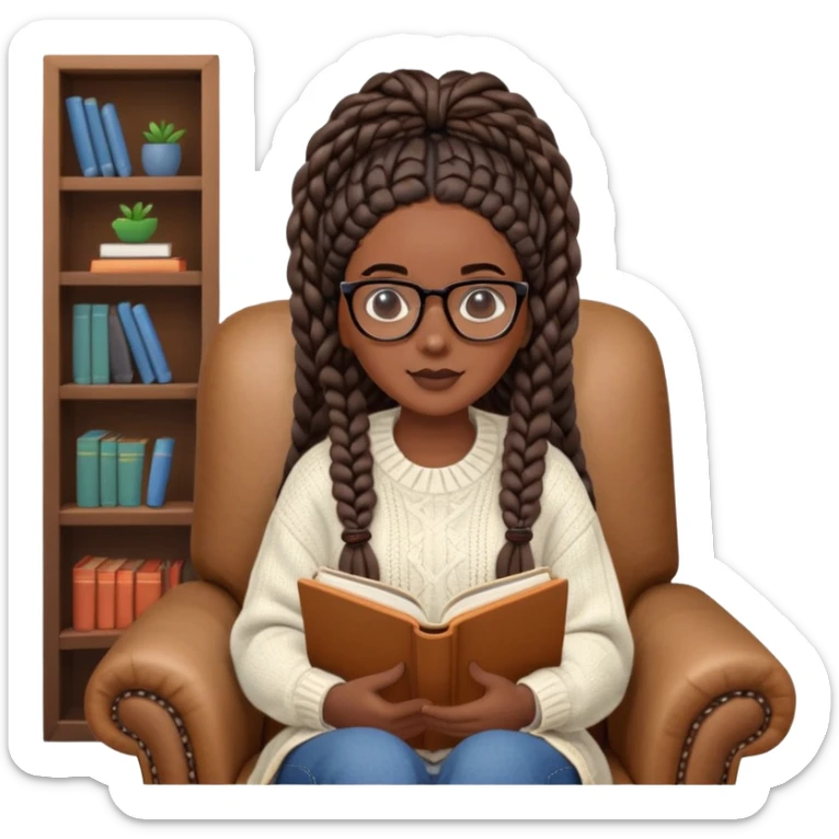  A dark-skinned Black woman with long box braids, wearing glasses, holding an open book, sitting in a cozy chair, wearing a sweater. A dark-skinned Black woman with long box braids, wearing glasses, holding an open book, sitting in a cozy chair, wearing a sweater. sticker