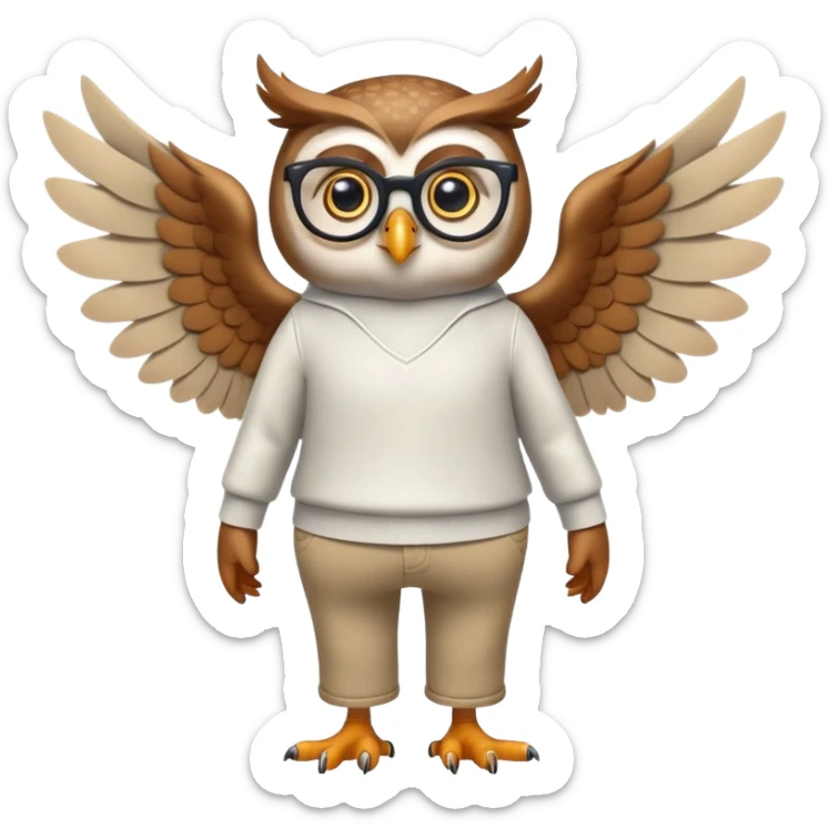 friendly anthropomorphised owl with wings instead of arms, in pants and a shirt, wearing glasses, walking upright, standard pose sticker