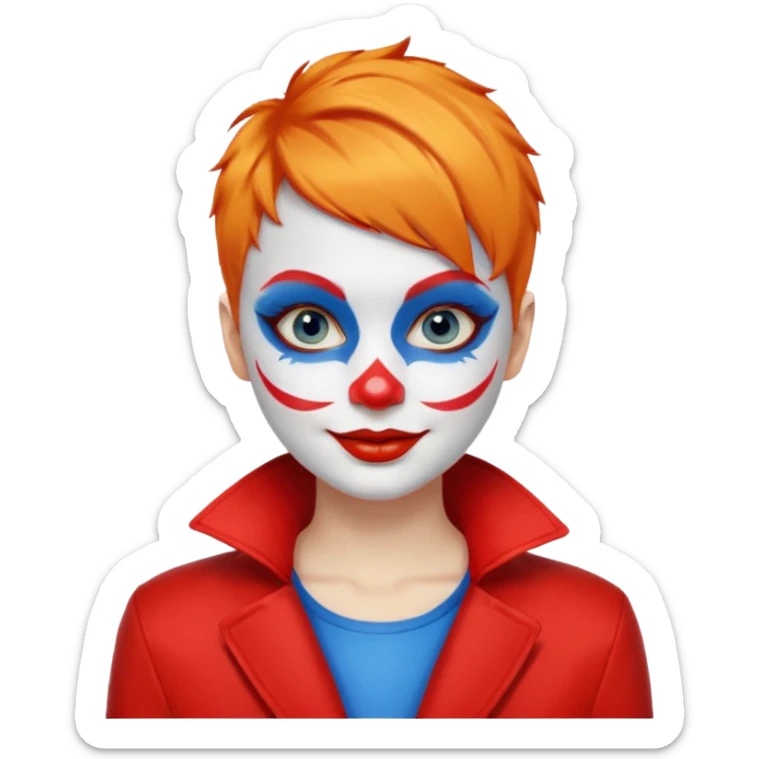Orange short hair.

White face paint with blue eye makeup and a red nose.

Bright smile with red lips.

Wearing a red jacket over a yellow shirt. sticker