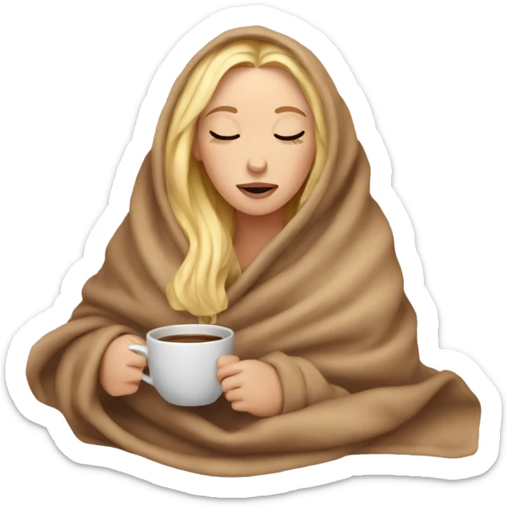 Blonde girl inside a blanket sipping coffee eyes closed sticker