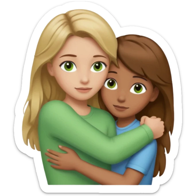 Maman cheveux marrons yeux marrons et fille cheveux blond yeux verts qui se font un câlin  sticker