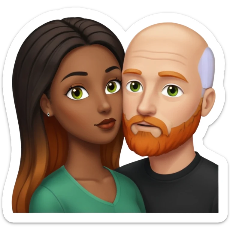 ebony black women with brown eyes and long balayage brown/black hair.  She is kissing bald white man. The White man is 47yrs old, pale, green eyes has orange facial hair and long beard  sticker