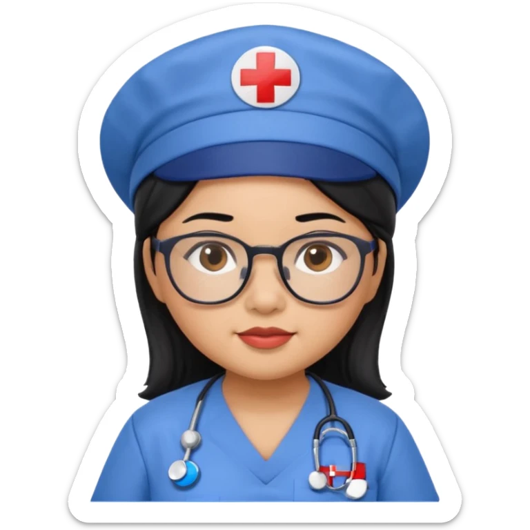FILIPINA FEMALE NURSE, CHUBBY, BLACK HAIR, WITH GLASSES, BLUE SCRUBS, AND CAP sticker