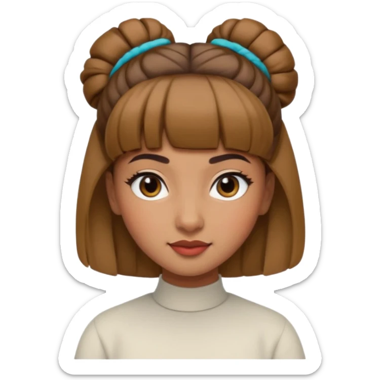 In Apple Memoji format, a girl with bangs and her hair in a bun. The girl has light brown skin and arab ethnic features sticker