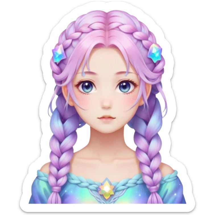 Beautiful gorgeous anime lady with beautiful iridescent-nebula-braided-hair, fashion aesthetic, ethereal, fairycore, pastelcore sticker