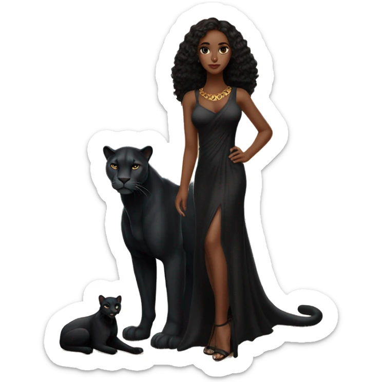 A beautiful girl with dark brown hair below her shoulders, big black eyes and long eyelashes, dressed in a black tight long dress and next to her, near her feet, a statuesque black panther with amber eyes and serious in the sticker