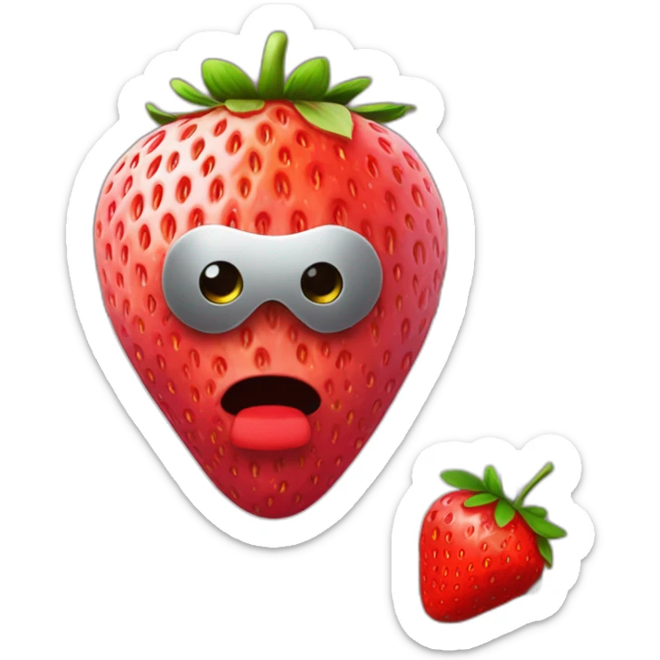 a strawberry with the body of a man with eyes a mouth a nose and everything else the strawberry is in front of a computer with a mask that hides his eyes so that we don't recognize his face sticker