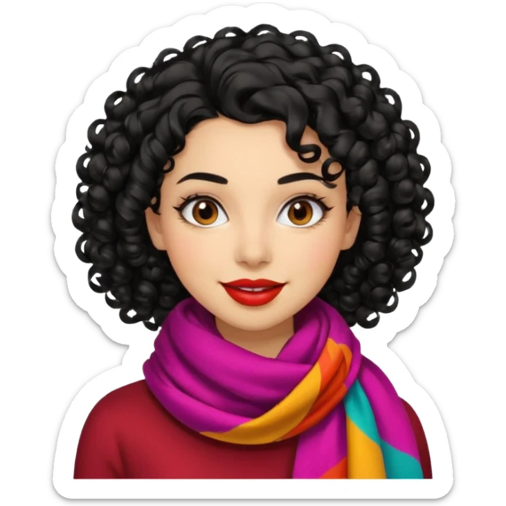 emoji of a young fashionable woman, curly black hair, wearing a colorful scarf and bold lipstick, confident expression sticker