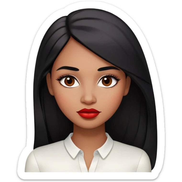 Young woman with medium to dark brown skin, oval face, high cheekbones, dark brown eyes, thick eyebrows, red lipstick, long straight black hair, wearing a white blouse sticker