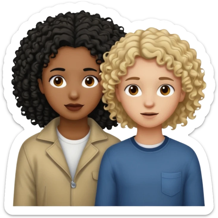 Black girl with curly black hair, and white boy with straight dirty blonde hair loving sticker
