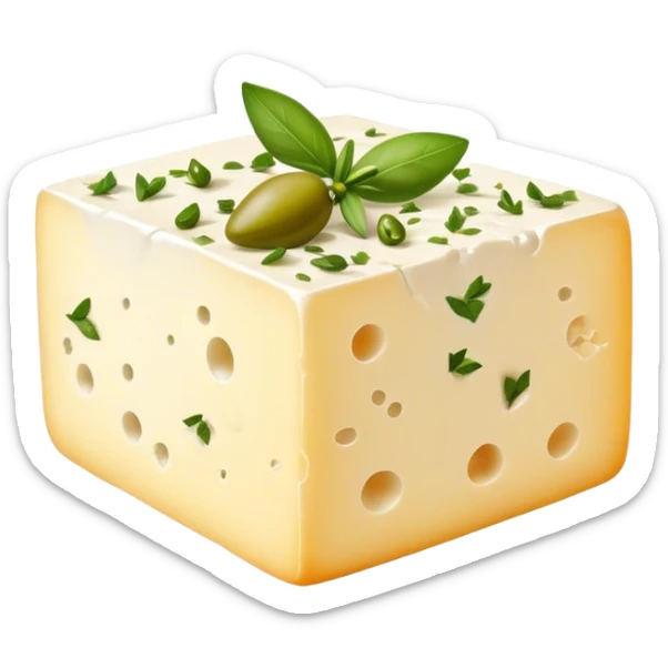 Cinematic Realistic Feta Cheese Dish Emoji, depicted as a block of crumbly, tangy cheese garnished with olive oil and herbs rendered with lifelike detail and soft natural lighting. sticker