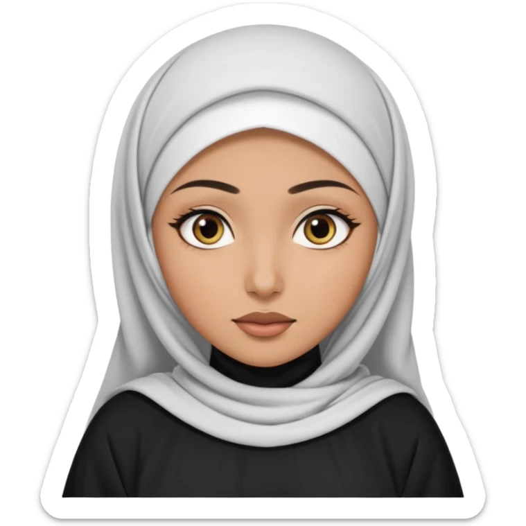 Make a emoji of a Muslim girl wearing a white hijab and makeup on her face, with only her eyes visible and her full body covered in an abaya or burqa. sticker