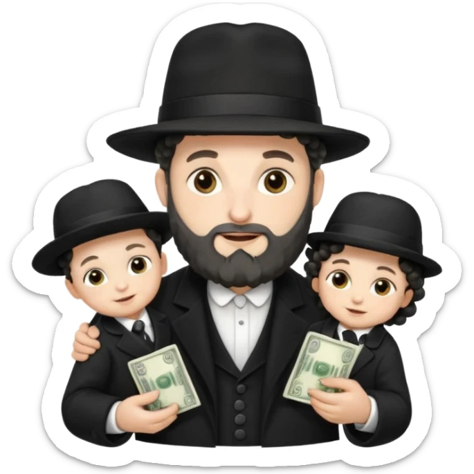 Jewish rabbi wearing traditional religious apparel with two side hair curls holding money and baby sticker
