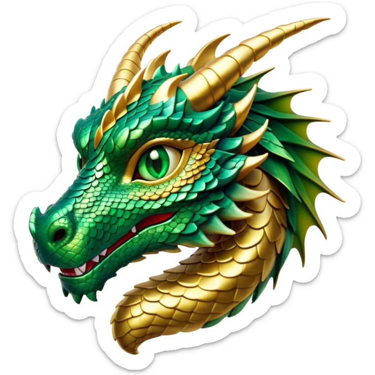 Cinematic Noble Dragon Portrait Emoji, Poised and majestic, with a sinuous, elongated body covered in intricately detailed, shimmering scales in hues of emerald and gold, and piercing, fiery eyes that reflect ancient wisdom; rendered with lifelike texture and natural highlights, high shine, intelligent and formidable, styled with an aura of mythic power, focused and attentive, soft glowing outline, capturing the essence of a legendary dragon that appears ready to soar out of the screen with timeless authority! sticker