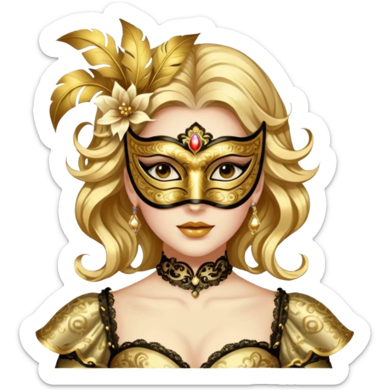A woman in an ornate gold masquerade mask and elegant outfit, holding the mask delicately. sticker