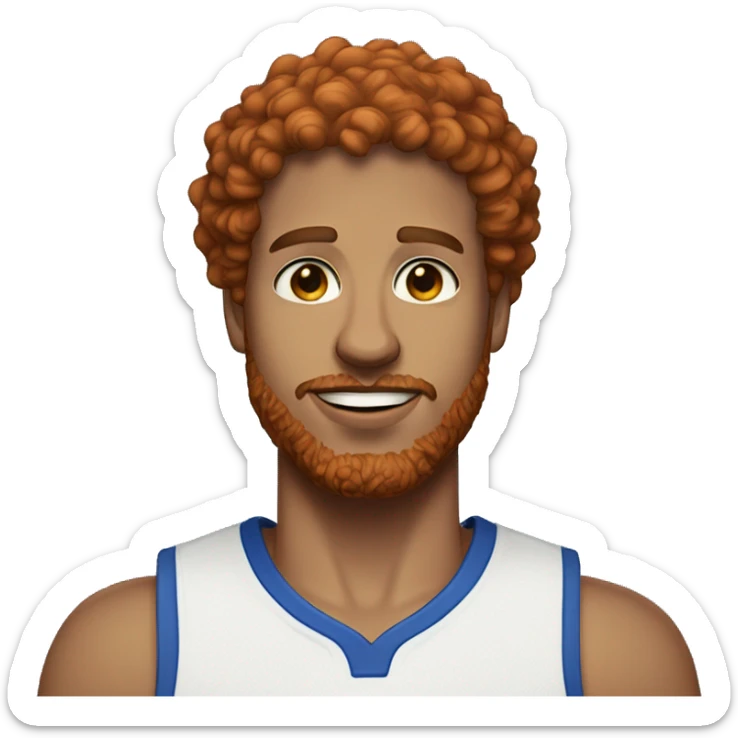 35 year old, male, short curly red hair, pale, beard, blue eyes, basketball hat sticker