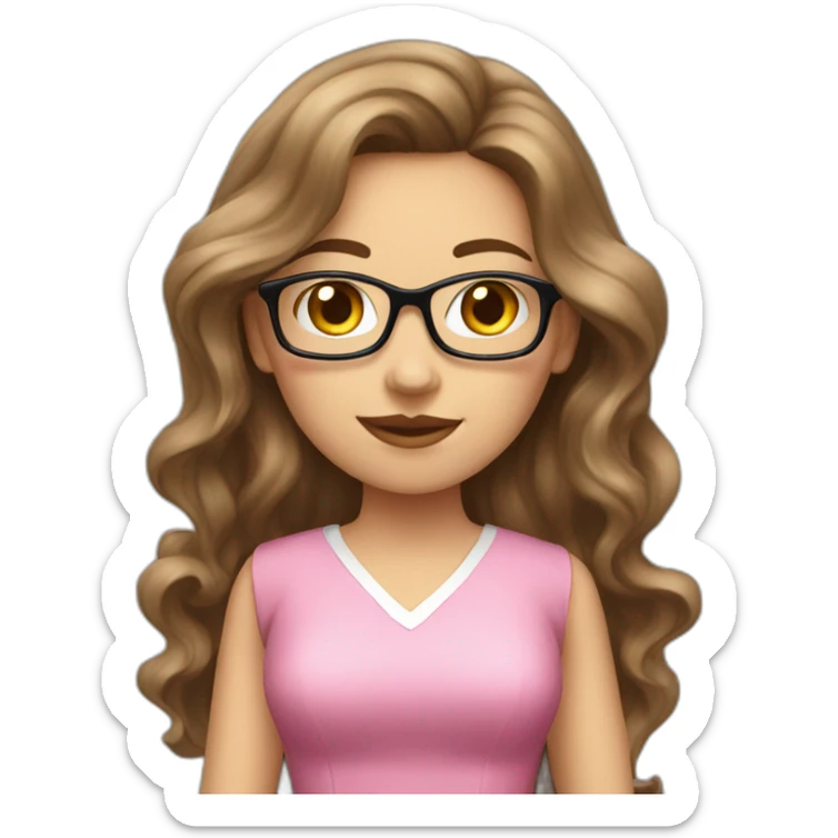 brunette wavy long hair nerd girl, wearing a pink dress, pink mouth sticker