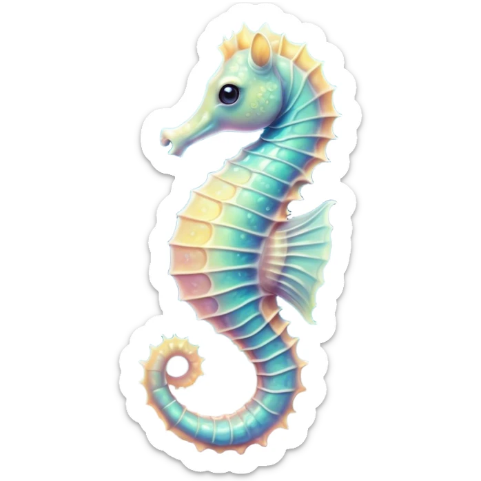 Cinematic Cute Sea Horse Portrait Emoji, Head tilted playfully and inquisitively, featuring a charming, petite seahorse with a softly curved body in pastel tones, a delicately coiled tail and round, sparkling eyes full of gentle wonder, Simplified yet irresistibly adorable features, highly detailed, glowing with a warm, inviting aquatic glow, high shine, affectionate and lively, stylized with a touch of enchanting marine charm, soft glowing outline, capturing the essence of a mischievous yet loving seahorse that seems as if it could float out of the screen into your arms! sticker