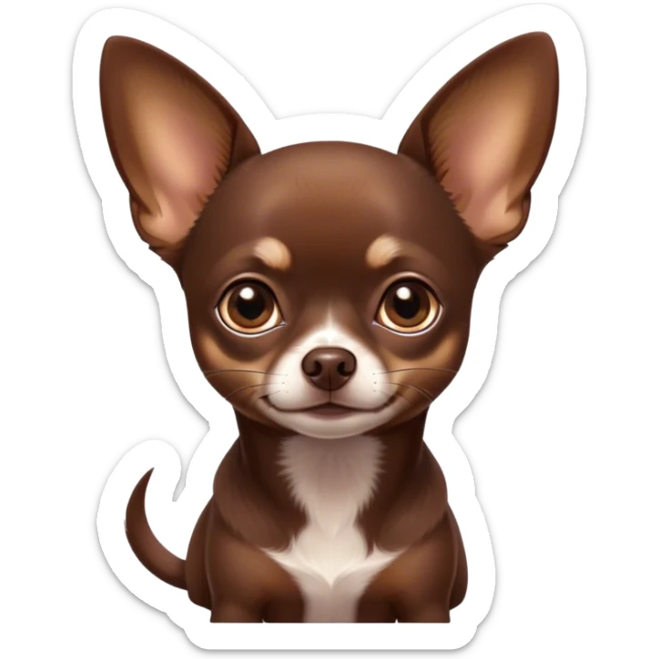 Cinematic Noble Chocolate Short Haired Chihuahua Portrait Emoji, Poised and regal, with a compact, muscular build and a sleek, well-groomed chocolate coat, deep-set soulful dark eyes, Simplified yet sharp and sophisticated features, highly detailed, glowing with a soft, dignified glow, high shine, intelligent and loyal, stylized with an air of strength, focused and attentive, soft glowing outline, capturing the essence of a watchful and confident guardian, so majestic it feels as though it could step out of the screen with effortless authority! sticker