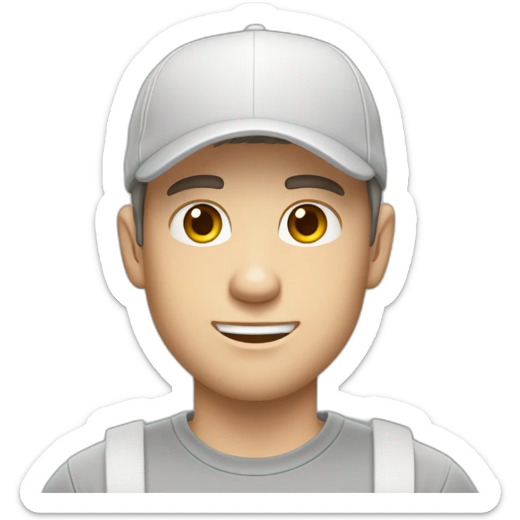 Pale skinned fit Man with dark brown hair in a white cap, gray jeans and gray polo T-shirt keeping a pasted with tape box into his hands sticker