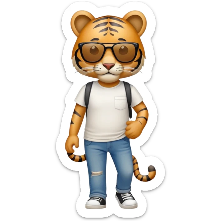 anthropomorphised tiger in a band t-shirt and jeans with sunglasses walking upright, relaxed pose sticker
