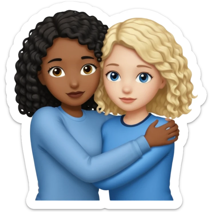 Girl best friends, one white with blond bob and blue eyes, one shorter black girl with long black curly hair, hugging sticker