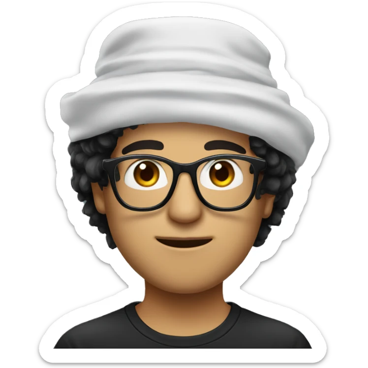 White person with fluffy messy black hair wearing a arabic hat and black glasses sticker