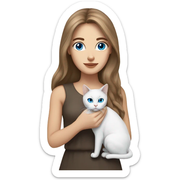 woman with long brown hair and holding an all-white British cat with blue eyes sticker