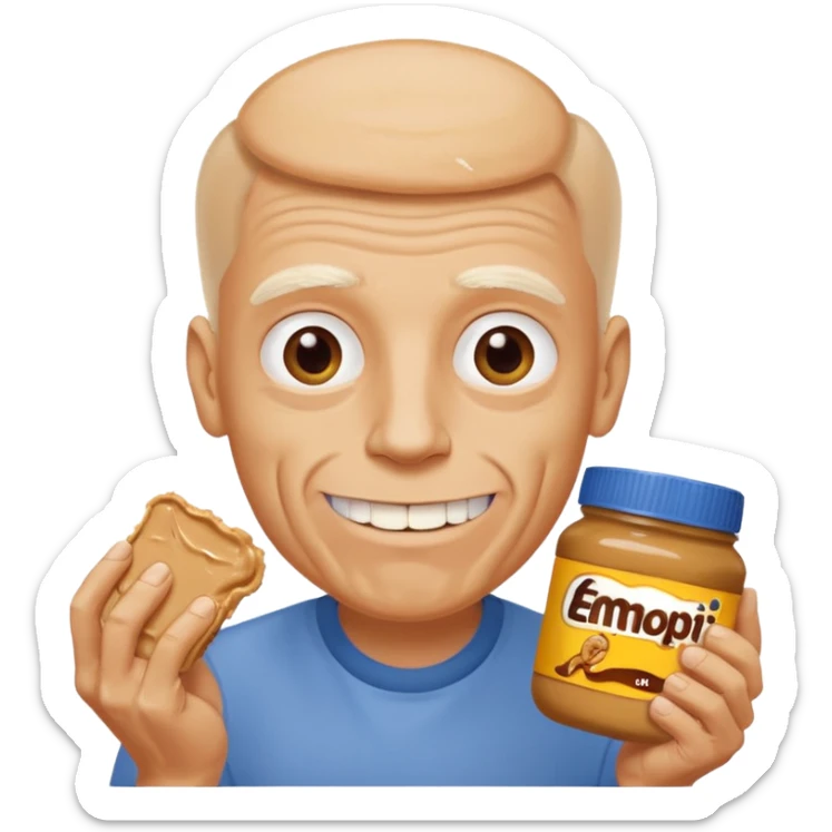White man, barely any hair, lots and lots of wrinkles, bad yellow teeth, and peanut butter sticker