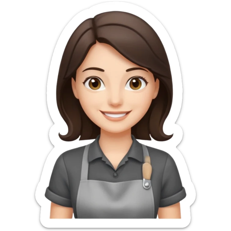 Брюнетка официантка улыбается ф сером фартуке и черной футболке sticker