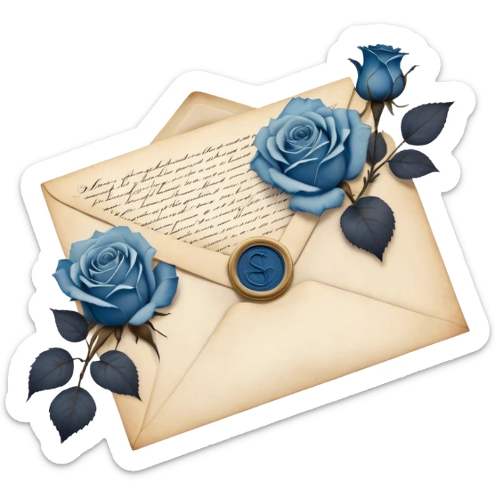 An antique handwritten letter with dried light blue roses and a navy wax seal, vintage aesthetic. sticker