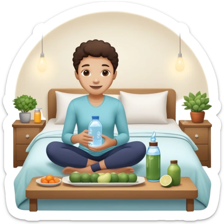 A person in the sun, with a plate of whole foods, water bottle, and glowing bed behind them. Nearby, smiling friends gather—symbolizing balance, healing, and connection through simple daily rituals. sticker