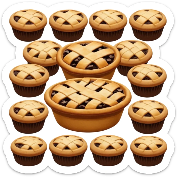 Baking community avatar in clean emoji-style illustration. Pies, cookies, and muffins grouped together, warm golden tones, simple shapes, flat design, high contrast, cozy and friendly. sticker