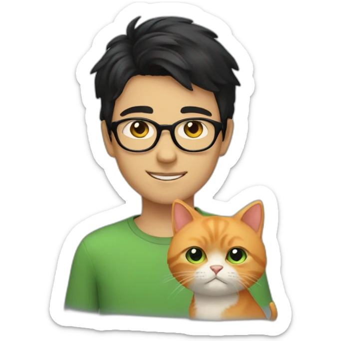 Boy with green eyes, glasses, with black short hair, with orange Persian cat sticker
