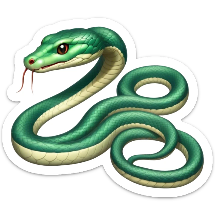 Cinematic Noble Chinese Water Snake Portrait Emoji, Poised and graceful, with a slender, sinuous build and a sleek, iridescent coat of muted greens and blues, deep-set soulful eyes, Simplified yet sharp and sophisticated features, highly detailed, glowing with a soft, dignified aquatic glow, high shine, intelligent and fluid, stylized with an air of waterborne elegance, focused and attentive, soft glowing outline, capturing the essence of a watchful and confident water snake that feels as though it could glide out of the screen with effortless authority! sticker
