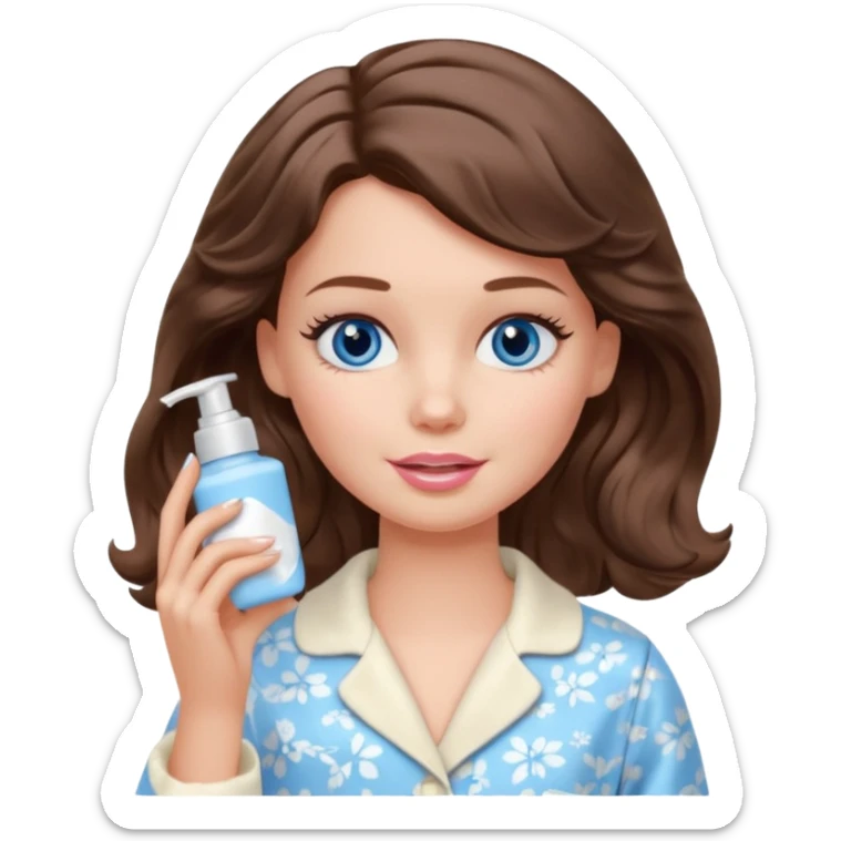Barbie girl with makeup, blue eyes , and bob long haircut wavy, short brown hair in creamy color pajamas, face cream in hand sticker