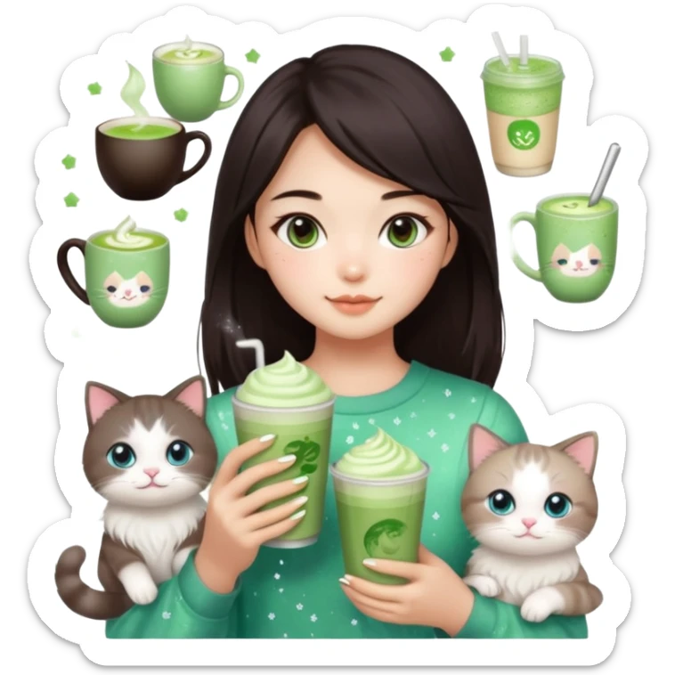 asian girl with shoart dark brown hair with a soft girl glowup aesthetic. matcha latte sparkles girly things, 2 ragdoll cats, skincare, makeup sticker