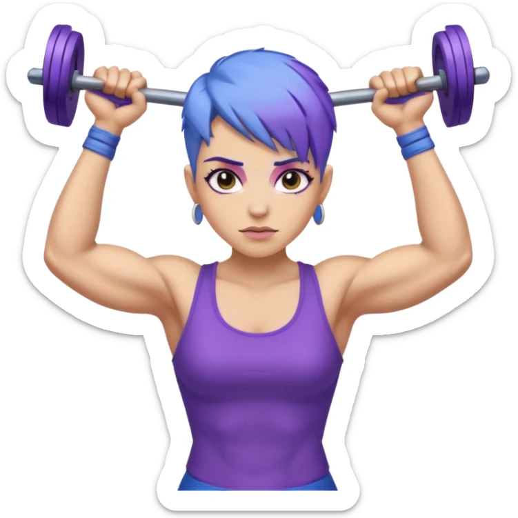weight lift woman short blue purple har muscles bar is not growing from head sticker