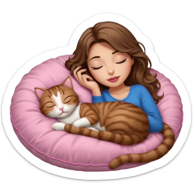 girl with long wavy brown hair, brown eyes, long lashes makeup, sexy pink lips, light to medium complexion,  sleeping on a cozy pillow, with brown tabby cat, sleeping sticker