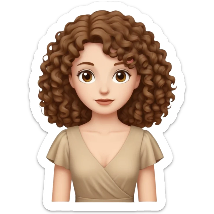 white woman with curly brown hair wearing a beige dress sticker